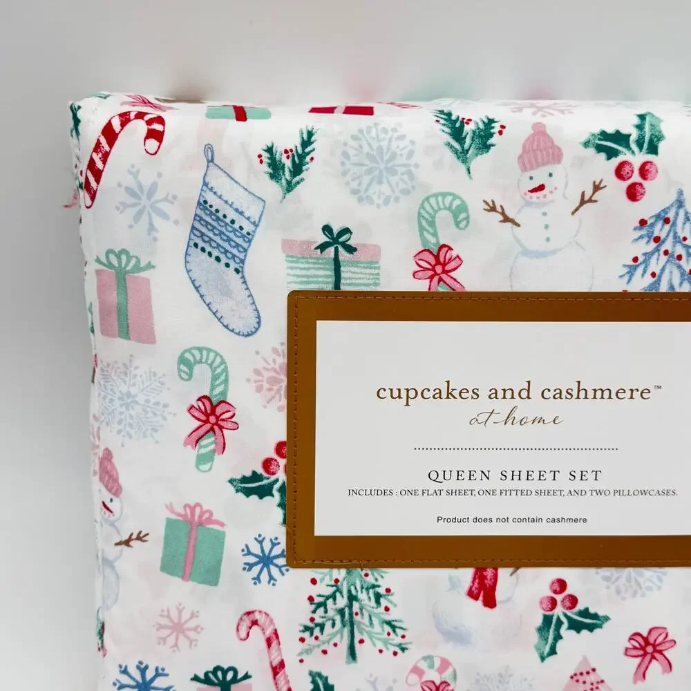 Cupcakes & Cashmere QUEEN Christmas Sheet Set Gingerbread Man Snowman Gifts NEW